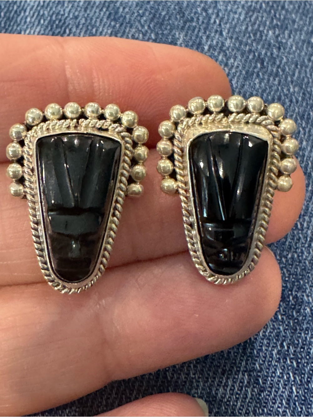 Vintage Carved Black Onyx Tribal Mask Earrings with Bead and Rope Trim